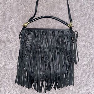 Women's Black Fringed Faux-Leather Shoulder Bag